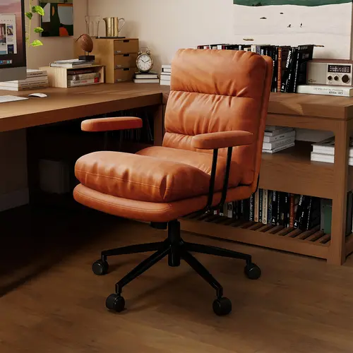 ERMNOIS Leather Desk Chair - 6" Thick Cushion with Sag-Resist Foam, Armrests, Adjustable Height, Swivel Design, Smooth Casters Glide Softly for Home & Office Use