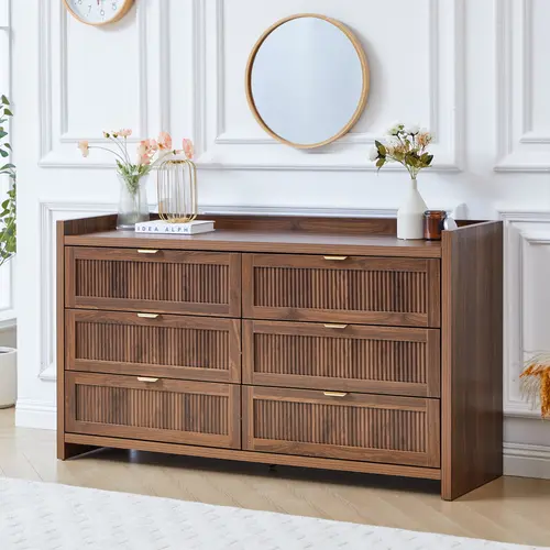 FurSch Mid Century Modern Walnut Dresser with 6 Drawers, Fluted Wood Storage Cabinet, Wide Chest of Drawers for Bedroom Living Room