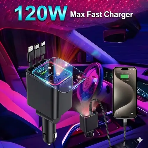 Ultra Fast Charger,150W Max, Upgrate Car Charger Station: Suitible for All Devices,Star Projector 4 Cables + 5 Ports, Includes Real-time Voltage Monitor & RGB Lights. The Perfect Road Trip Essential to Declutter Your Console!