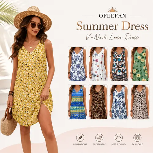 OFEEFAN Womens Summer Dresses 2026 Loose V Neck Sleeveless Dress Sundresses Swimsuit Coverup Vacation Outfits Womenswear Womenswear