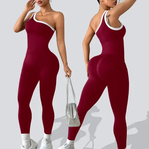 Women's Colorblock Asymmetrical Neck Sleeveless Knit Yoga Jumpsuit, Stretchable Activewear, Stretchy Jumpsuit, Sportswear Jumpsuit, Workout Jumpsuits, Casual Slim-Fitting All Seasons