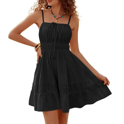 Grace Karin A-Line Dress, Elegant Casual Style, Summer Holiday & Festive Outfit, S-2XL Inclusive Size, Plus Friendly 2XL, Sleeveless Smocked Ruffle Cotton Sundress, Women, Casual Wear, Armless Casual Dresses, Adorable Design Casual Dresses