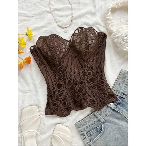 Women's Boho Embroidered Strapless Corset Top - Floral Knitted Bustier, Slim Fit, Asymmetrical Hem, Lace-Up Back, Fabric, Fashion Apparel Clothing, Cute Tops for Women, Chic Going-Out Wear, Women's Clothes
