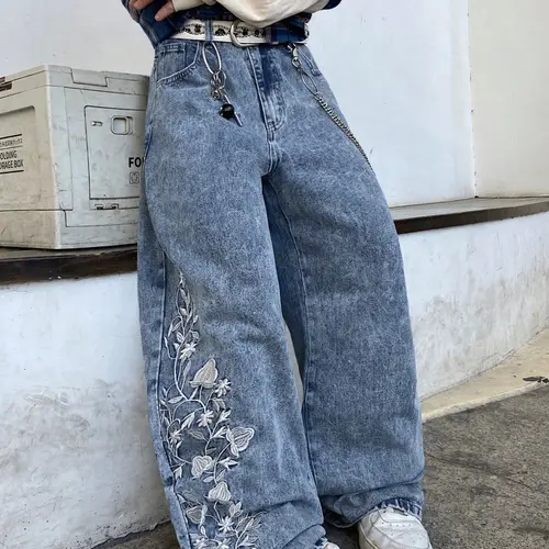 Men's Summer Thin Oversized Wide Leg Denim Jeans with Embroidered Floral Design Loose Fit Pants, Relaxed Flattering Fit, Full-Length, 2026 New Arrival, Embroidered Casual Jeans