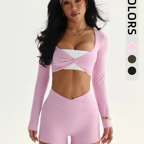 Women's Two-Piece Sportswear Set, Long Sleeve Colorblock Top, High Waist Butt-Lifting Shorts, Ideal for Yoga, Pilates, Festive Events, Stretch Gym Set, Athletic Sportswear, Yoga Sets, Women Workout Clothes
