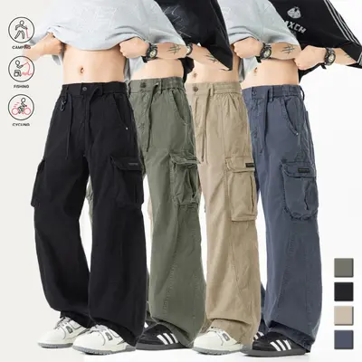 Men’s cargo pants made from washed cotton, straight wide-leg casual streetwear trousers. The washed cotton finish gives the fabric a natural worn look, with an American retro aesthetic, and each piece features unique textures.
