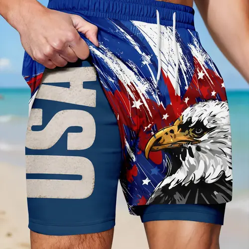 Men's Double-Layer American Flag Bald Eagle Print Beach Shorts Quick Dry Printed Trunks, Quick-Dry Drawstring Waist, Summer Beach/gym Wear, Patriotic Casual Shorts