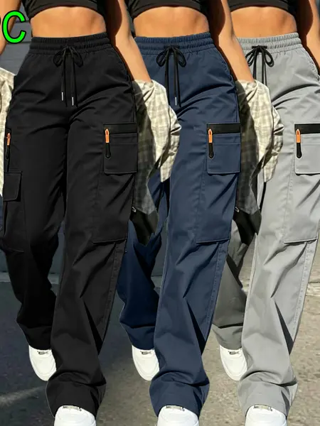 Women’s 1–3-pack cargo pants made from lightweight, soft summer fabric—casual loose long pants with a drawstring and decorative zipper design (no back pockets), multiple pockets, adjustable waistband (also available in plus-size women’s long pants).
