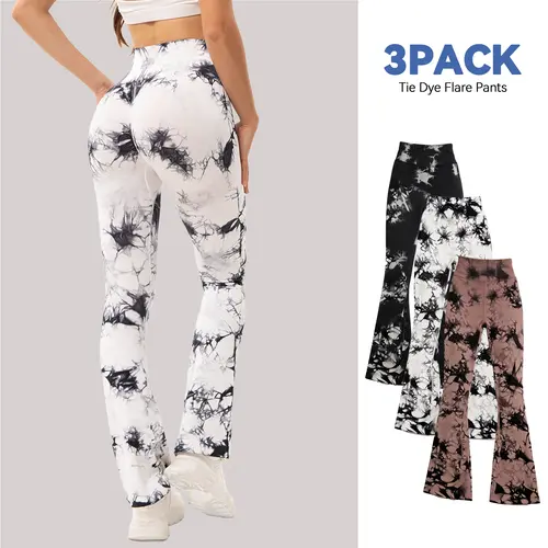 Women's 3-Pack Stylish Tie Dye Flared Yoga Pants - Seamless High-Waisted Butt Lift Leggings, Stretch Non-See-Through Universal Sport Gym Bottoms (Stylish Women's Wear), Clothes