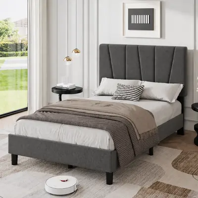 SA-Garvee Twin Size Bed Frame with Adjustable Headboard, Linen Upholstered Bed frame with Durable Wooden Slats, Sturdy Framework, Noise Free Sleep, No Box Spring Needed, Easy Assembly, Dark Grey