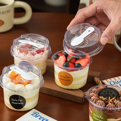 20/50 Sets Round Transparent Plastic Lidded Packaging Boxes with Spoons, Ideal for Cookies, Fruit Ice Cream, Mousse Cake and Yogurt Cups #GLOBAL PICKS