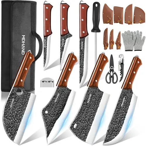 14Pcs Kitchen Knife Set, MDHAND Professional Chef Knife Set, Hand Forged High Carbon Steel, Butcher, Meat Cleaver, Boning, and Viking Knives, with Knife Roll Bag#DealsForYouDays