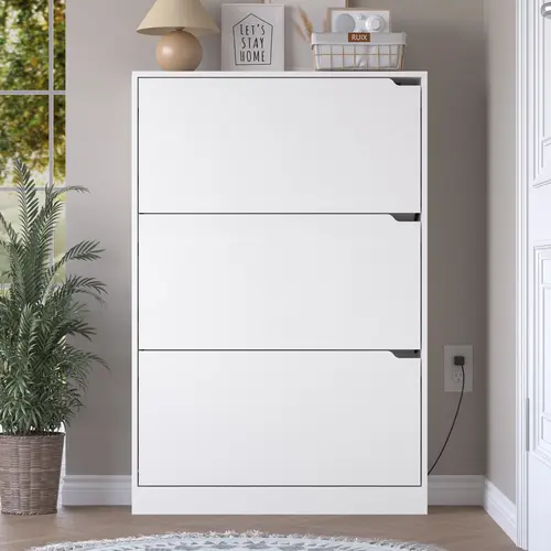 P2 Engineered Wooden Electric Deodorizing Shoe Storage Cabinet - Slim Space Saver, Narrow Slender 3-Tier Flip-Drawer Adjustable Racks, Freestanding Rack, Slim Entryway Fit, Built-In Auto Deodorizer, Wall-Mountable Modern Organizer, Top for Keys+Wallets