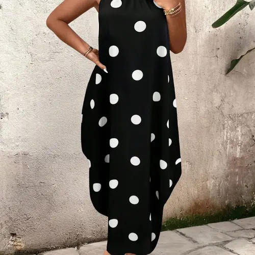 Women's Plus Size Polka Dot Maxi Dress, Halter-Neck, Sleeveless with Zipper, Draped Flowy Fit, Casual Boho Chic Bohemian Style, Summer Vacation Beach Sundress, Boho Summer Holiday
