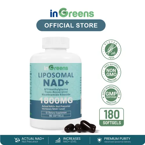 inGreens NAD+ Support Dietary Supplement, Single Bottle (1 Cup 180 Softgels, 1800mg Total) with Nicotinamide Riboside, Trans Resveratrol & Trimethylglycine (200mg Each), Batch Verified for Cellular Energy & DNA Repair