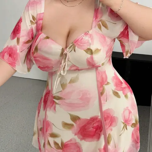 Plus Size Women's Romantic Boho Floral Bohemian Print Dress, Ruffled Sleeve, Perfect for Pear Shape and Plus Size, Elegant and Comfortable, Summer