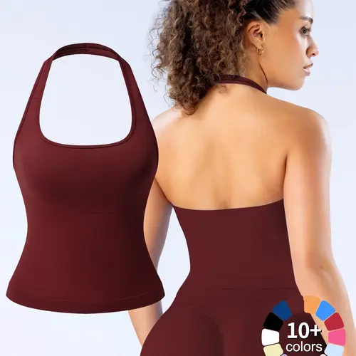 1/2/3 Pcs Women's Yoga Halter Neck Sleeveless Sports Top Workout Tops Tank Top with Removable Pads, Three-Layer Seamless Backless Tank Tops Casual Solid Color Soft All Seasons Wear Activewear Clothes
