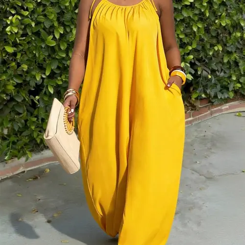 Plus Size Loose-Fit Strappy Sleeveless Pockets Wide Leg Jumpsuit, Casual Everyday Daily Wear, Women's One-Piece, Baggy
