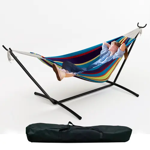 Garvee Heavy Duty 2-Person Cotton Hammock with Stand - 1000 lbs (450 kg) Weight Capacity, Portable with Carrying Bag - For Garden, Patio, Balcony - Blue & White Striped