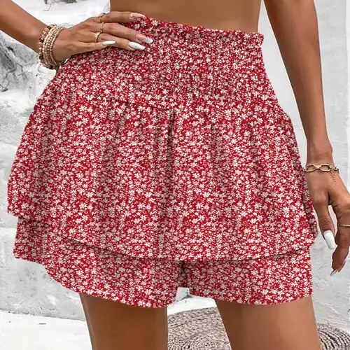 Women's Vacation Boho Style Ditsy Floral Elastic High Waist Casual Fashion Skort, Womenswear, Perfect for Everyday Wear and Beach Holidays