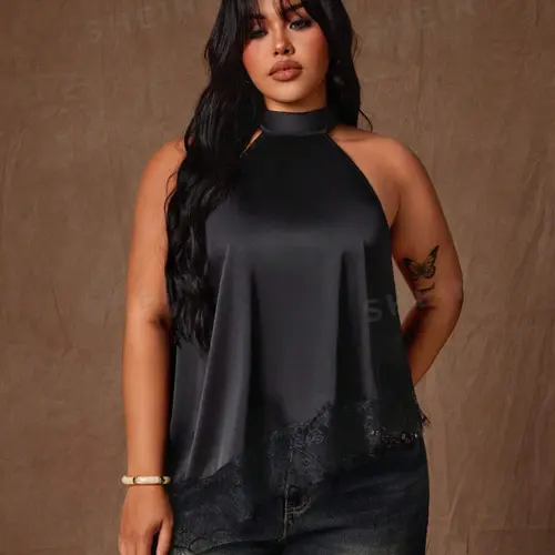 Women's Plus Size Spring Summer Halter Neck Satin Lace Backless Top Womenswear, Elegant Pure Desire Style, Perfect for All Seasons