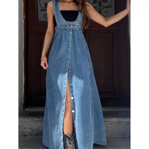 Women's Fashion Single-breasted Denim Overall Maxi Dress With Slit Hem, High Waist A-line Denim Slip Dress
