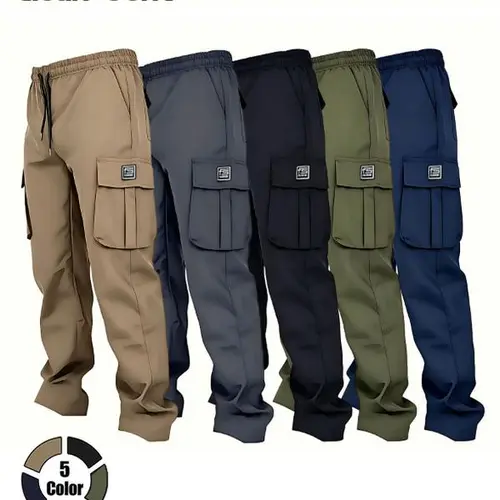 Clean Gent men’s outdoor cargo pants with a drawstring waist, casual flap pockets for everyday wear; street-style men’s all-season bottoms; regular fit, durable outdoor sports cargo pants.