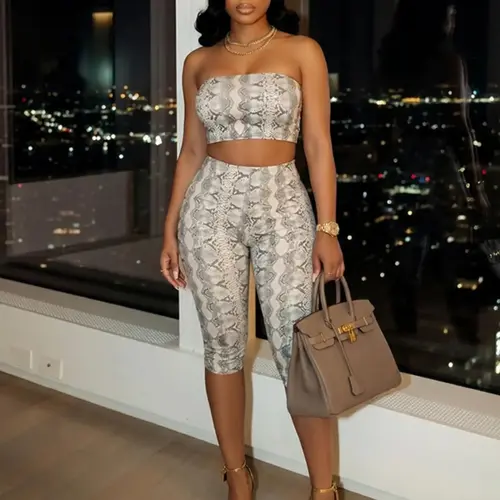 Women's Snake Print Two-Piece Set, Womenswear, Sleeveless Crop Tube Top & Slim-Fit Pants, Fashion Animal Print Design, Perfect for Parties and Events