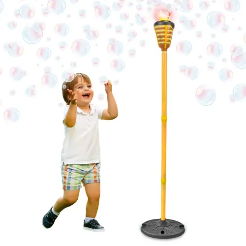 2 in 1 Tiki Torch Bubble Machine - Lights and Music, Doubles as Hanheld Wand, Rechargable Outdoor Toy for Kids Teens Adults, Includes 4oz Bubble Solution