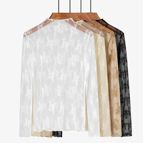 Women's 3-Pack Bold Sheer Lace Mesh Blouses, 3pcs(black+white+milk tea color), Longsleeves Mock Neck Floral Embroidery Sports & Outdoor Tops
