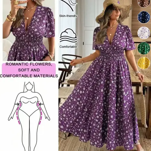 Plus Size French Floral Feminine Elegance Maxi Dress with Deep V-Neck and Waist-Cinching Short Sleeves, Long Summer Dress for Vacation and Casual Wear