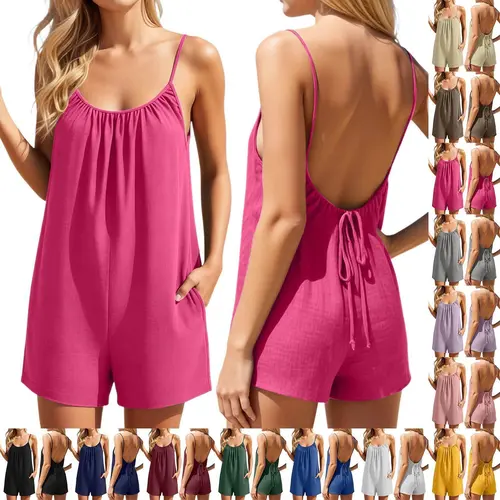 Casual Summer Sleeveless Romper Women Loose Fit Cami Short Jumpsuit with Pockets Solid Color Backless Tie Up Spaghetti Strap Flowy Playsuit Comfortable One Piece Outfit Lounge Everyday Wear Beach Vacation Boho Holiday Cute Shorts Set Ladies Clothing