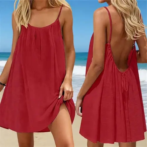 Sexy Open Back Mini Dress for Women Summer Sleeveless Cami Sundress Flowy Tie Back Short Dress Casual Loose Fit Lounge Wear Solid Color Beach Vacation Outfit Boho Resort Holiday Sleepwear Pajamas Comfortable Everyday Basic Tunic Dress Plus Size Friendly