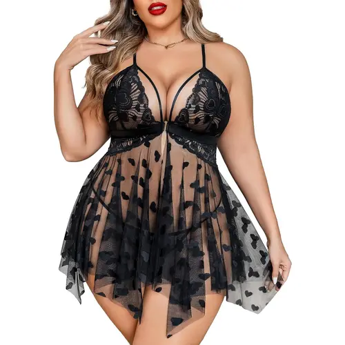 EvilEnergy Plus Size Lingerie Lace Babydoll Womens Teddy Chemise V Neck Nighty Mesh Sleepwear Front Slit Nightdress