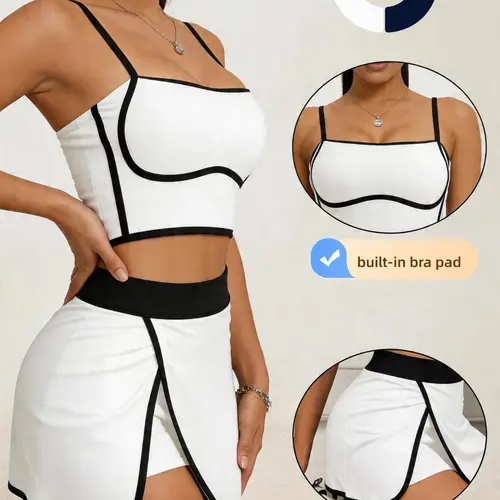 Women's Two-Piece Tennis Sports Activewear Set, Active Outfit, Sportswear Set, Athletic Workout Clothing, Padded Tank Top & High-Waist Skirt Pants with Pockets, Ideal for Golf, Running, Yoga