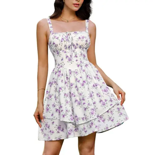 Grace Karin Women's Elastane Ditsy Floral A-Line Sundress - Square Neck, Ruched Bust, Shoulder Straps, Zipper Front, Above-Knee Length, Tiered Ruffle Hem, Side Pockets, Convenient Storage, Casual Womenswear