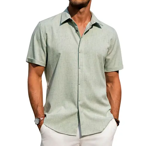 Men's Linen Fabric Menswear Short-Sleeve Button-Down Collar Shirt - Lightweight, Breathable, Stylish, Classic, Versatile for Everyday, Casual Wear | Summer, Father’s Day Gift,summerwins,father'sdaygifts
