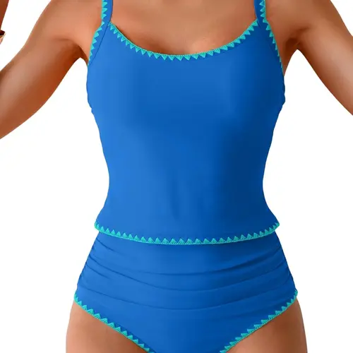 Eomenie Tankini Swimsuit for Women Tummy Control Ruched Two Piece Bathing Suits High Waisted Shell Stitch Swimwear