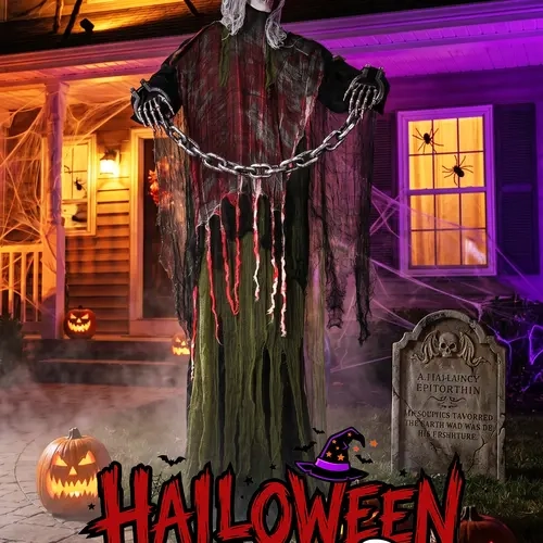 FLACCHI 6FT Life-Size Animated Halloween Skeleton Ghost, Sound-Activated Standing Ghost with Glowing Red Eyes, Moving Arms, Black Robe, Bloody Gauze & Chain Shackles for Haunted House, Yard, Porch and Party Plastic