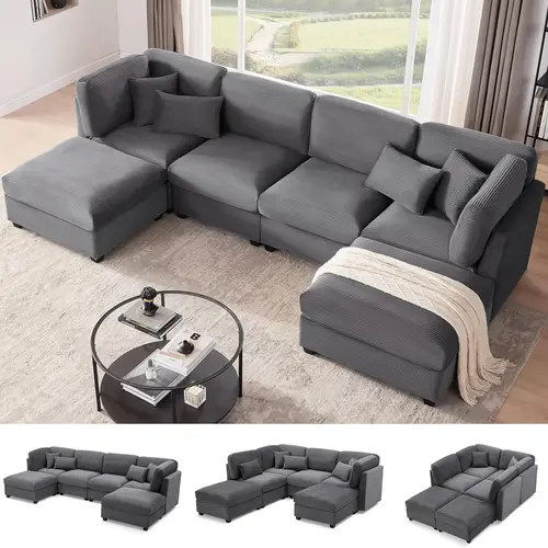 【6-7 Packages】123 Inch Oversized Corduroy Modular Sectional Sofa, U Shaped Modular Couch with Storage, 5 Seat Convertible Corduroy Couch, Comfy Sectional Couches for Living Room with Memory Foam