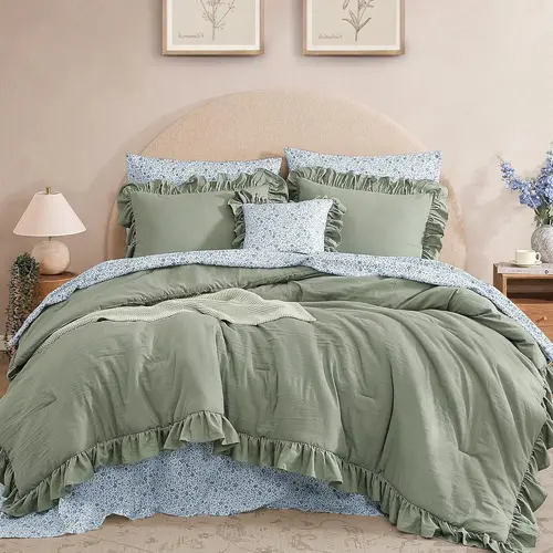 Melex Home | 7-Pieces microfiber Comforter Set, Modern Farmhouse Coastal Style Bedding Set with Double Sided Storage Pockets, 1 Singale-Stitch Comforter, 2 Pillowcases, 2 Shams, 1 Flat & 1 Fitted Sheet