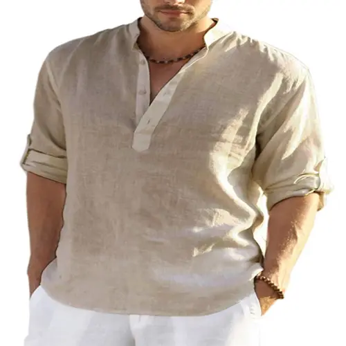 Men’s cotton-linen long-sleeve casual T-shirt featuring a Henley collar—comfortable and versatile, suitable for everyday and outdoor wear, wearable year-round. #summervibes, #SummerWins, #Father’sDayGift
