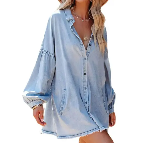 Ebossy Women's Casual Oversized Distressed Denim Dress - Long Sleeve Button-Down Tunic Dress with Pockets, Flowy Loose Mini Tops, Women's Clothes