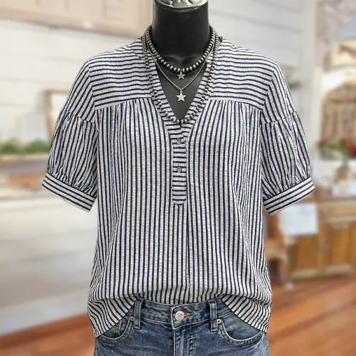 Sage Vell Women Black White Striped Short Sleeve Top Button Casual Fit Daily Matching For Women Holiday Outdoor Elegant Retro Lady Basic Shirt