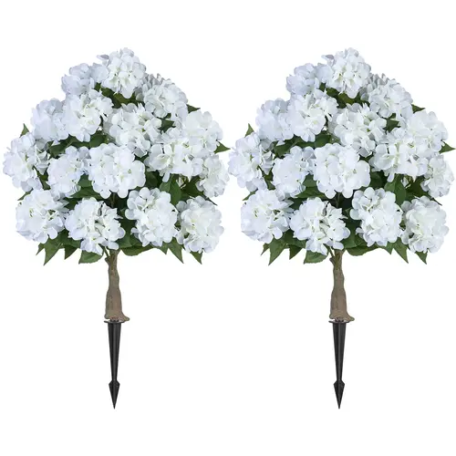 Decorative 2-Pack 33in Faux Silk Hydrangea Topiaries, 20-Head White Flower Balls with Outdoor Spike, Botanical Aesthetic Plants, Garden Decor for Front Porch Patio