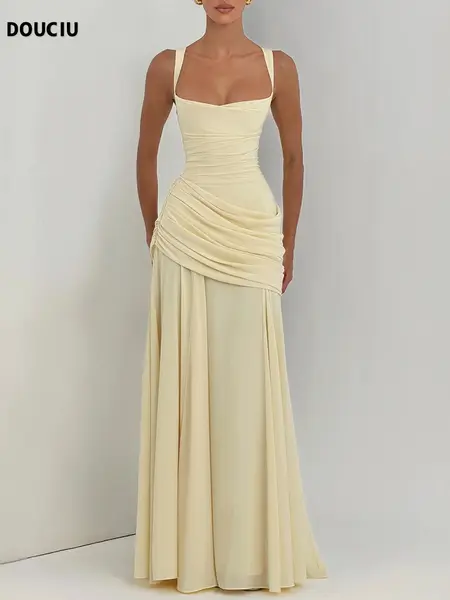 DOUCIU Spring Summer Thin Plain Semi-Transparent Long Dress Gowns, Elegant Pleated Chiffon A-Line Dress, Cross Back Maid Dress, Wedding Guest Evening Party Formal Dress, Dress Up Gown