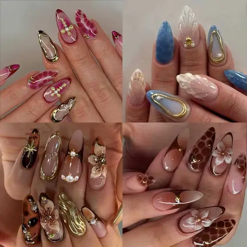96pcs Medium Almond Press-On Decorative Nails, Glossy Acrylic Tips with 3D Gel Flower Petals and Pearl Design, Storage Box Included, DIY Flower Nails for Women and Girls