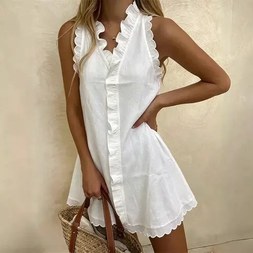 VVZ 2026 Women's Ruffle V Neck Sleeveless Mini Dress Loose Casual A Line Swing Dress Summer Beach Vacation Flowy Short Dress Elegant Solid Color Tunic Dress
