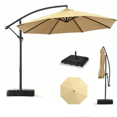 Docred Heavy Duty Cantilever Offset Patio Umbrella with 32.0 lbs Iron Base & Sandbags, 10FT Adjustable Yarn-Dyed Fade-Resistant Canopy, 8-Rib Steel Frame, 360° Rotation, Infinite Tilt, Hand Crank for Patio, Backyard