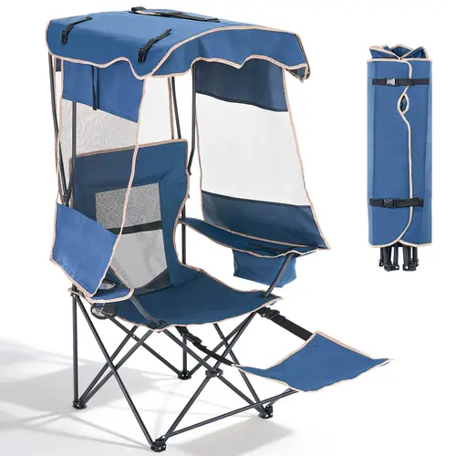 ABORON Wide Lawn Chair, Camping Chair With Sunshade Sun Protection Canopy,Breathable Mesh, Oxford Fabric, Built-in Cooler Armrest & Cup Holder for Outdoor Camping, Fishing, Folding Chairs, Cooling,Camping Essentials